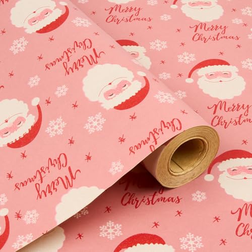 Papel de regalo navideño de 43 cm x 15 m: Rollo de papel kraft rosa con diseño de Papá Noel, reciclable, para envolver regalos y decorar fiestas Papel de regalo navideño de 43 cm x 15 m: Rollo de papel kraft rosa con diseño de Papá Noel, reciclable, para envolver regalos y decorar fiestas