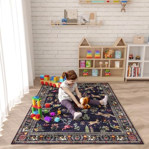 Area Rug 4x6 Rug Washable Boho Rugs Non Slip Low Pile Floral Animal Small Carpet for Bedroom, Bedside, Kids Room, Office, Dining Room (Blue)