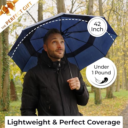 Image of TUMELLA Strongest Windproof Travel Umbrella (Compact, 100MPH Wind-Tested), Light, Portable, One-Handed Use, Automatic Folding Rain Umbrella, Durable, Premium Grip, Fits Car & Backpack