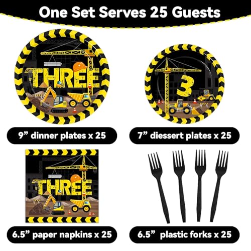 Image of 100 Pcs Construction 3rd Party Plates and Napkins Set 3 Years Old Birthday Decorations Construction Party Supplies Tableware Dump Truck Themed Favors for Birthday Party Decor Serves 25