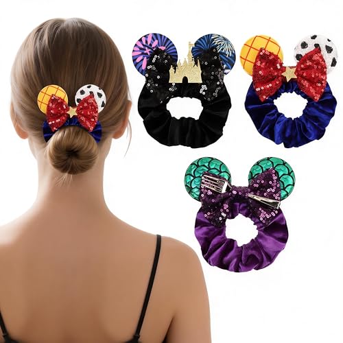 Bianbaistar 3-Pack Themed Mouse Ear Velvet Scrunchies - Sequin Accent Hair Ties Elastic Ponytail Holders for Women Adults Hair Accessories for Amusement Park Holiday Party