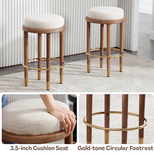 Butacos modernos rústicos sin respaldo de 26 pulgadas, juego de 4 unidades, asiento redondo acolchado y suave, taburetes de altura para barra con estructura de madera y reposapiés metálico dorado, tapizado en lino beige para isla de cocina miniatura 3