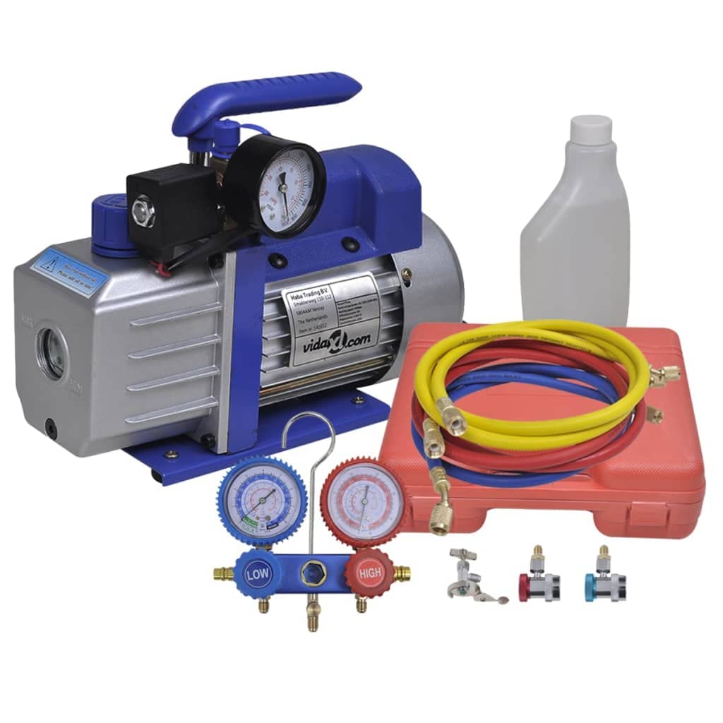 vidaXL Vakuumpumpe Einstufig mit 2-Wege-Verteiler-Manometer Set Unterdruckpumpe Vacuum Vacuumpumpe Kompressor Pumpe Klimaanlage Monteurhilfe