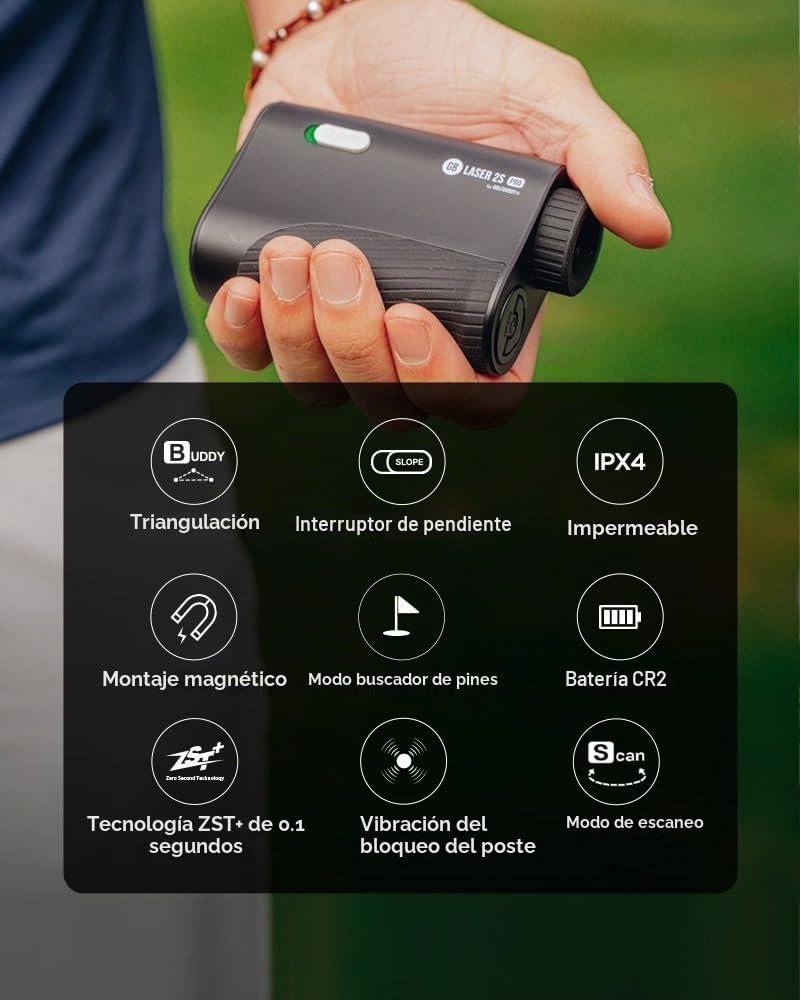 GolfBuddy GB Laser 2S Pro - Buscador de Rango de Golf con Pendiente, Rango de 2 a 1093 Yardas, buscador de Pines, vibración, Modo Buddy, escaneo y triangulación, buscador de Rango preciso para Mayor