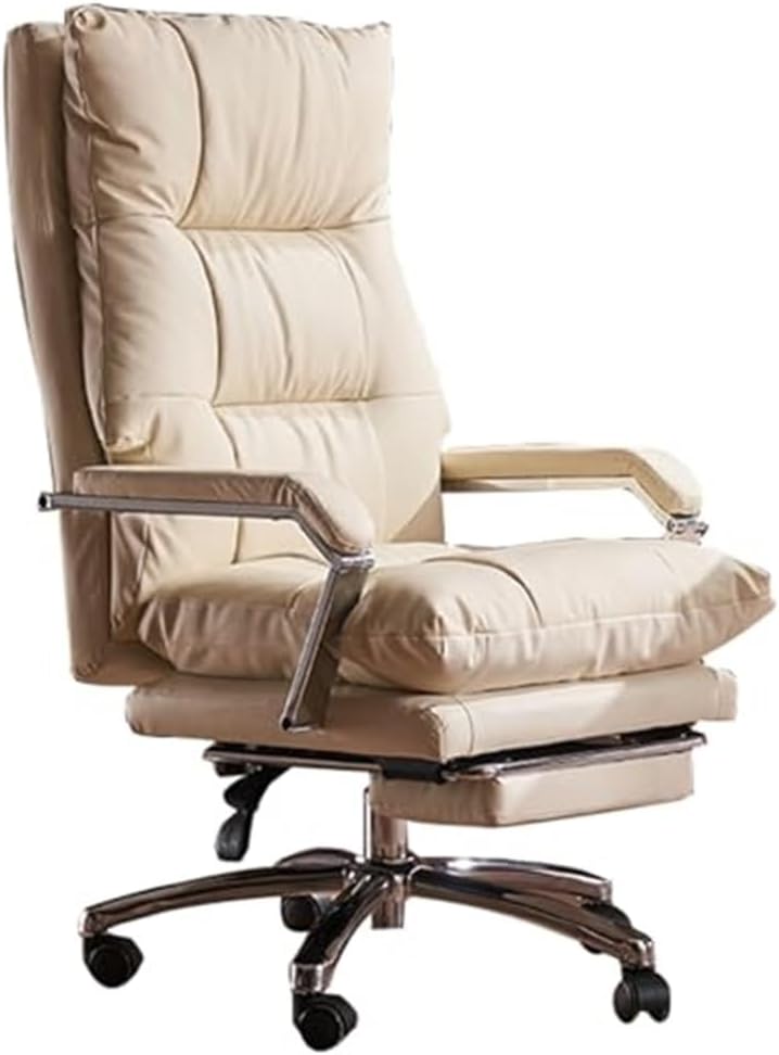 Executive Office Chair Ergonomic Genuine Leather Computer Desk Chair with Tilt Back Retractable Footrest Comfortable Swivel Task Chair ffor Reception Study Bedroom(White)
