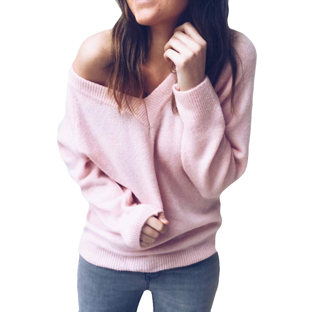 Sunhusing Womens Solid Color V-Neck Long Sleeve Knitwear Blouse Loose Knitted Sweater Jumper Tops