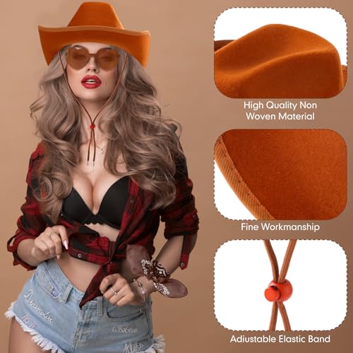 Image of Coume 6 Sets Cowboy Hat with Heart Sunglasses and Paisley Bandanas Western Cowgirl Hat for Cosplay Costume Adults(Pink,Brown)