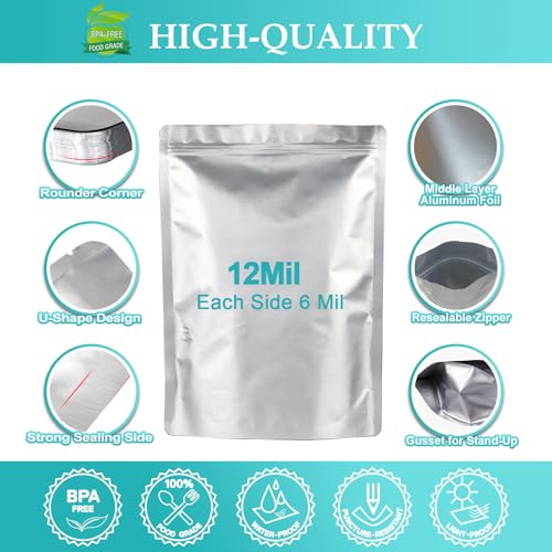 Image of 100pcs Mylar Bags for Food Storage 12 Mil Thick with 150x400cc Oxygen Absorbers & Labels, 3 Sizes (1 Gallon, 1 Quart, 1 /2 Pint) - Stand-Up, Resealable & Heat Sealable for Long Term Food Storage