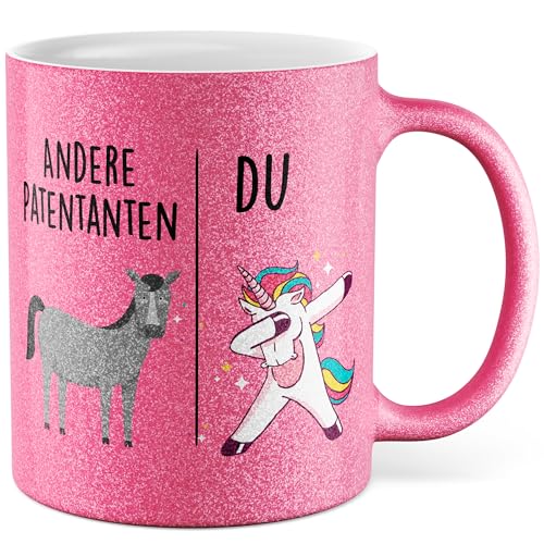 Tasse Patentante Geschenk Andere Patentanten - Du Kaffeetasse Tante Geschenk für Frauen Taufe Kommunion Geschenkidee Frau Geburtstag Weihnachten Nichte Neffe Familie Kaffee-Becher (Weiß/Glitzer)