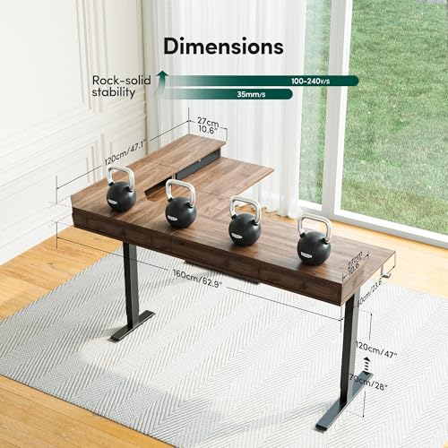 Image of FEZIBO L-Shaped Electric Standing Desk, 63 x 48 Inches Height Adjustable, Reversible Tabletop, Corner Desk with Drawers, Ergonomic Computer Table, Black Walnut Top