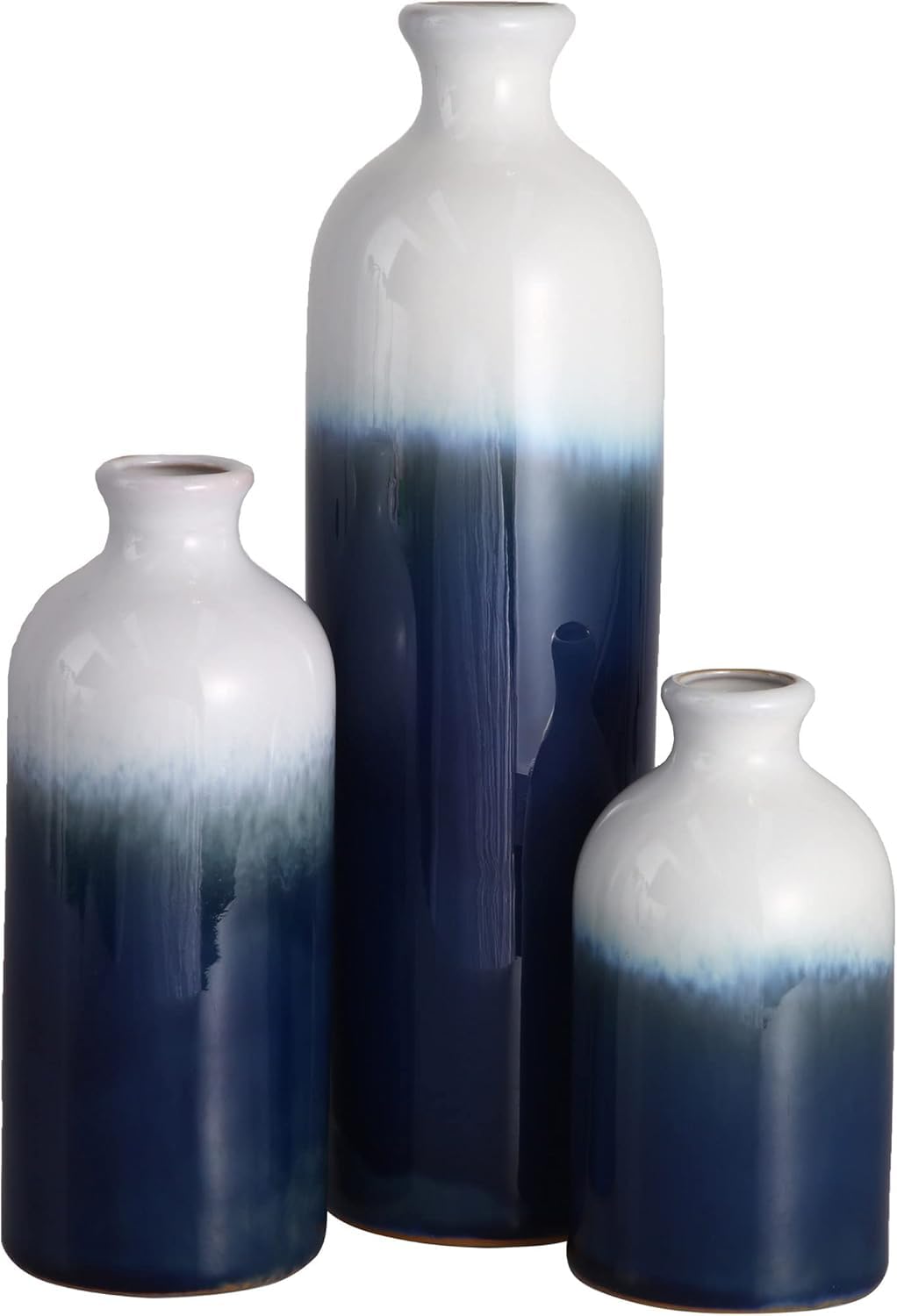 TERESA'S COLLECTIONS Vase for Flowers, Set of 3 Blue White Modern Ceramic Vase for Gifts, Reactive Glazed Stoneware Decorative Vases for House Decoration Living Room Bedroom 14.7/20/30cm