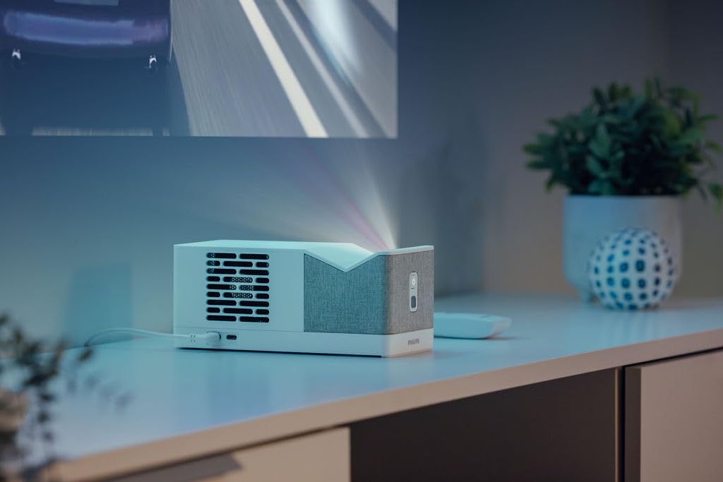 Philips UL5 Smart, Vidéoprojecteur Ultra Courte Focale, Full HD 1080p, Triple Laser, Wi-FI, Correction d'image avancée, Son Stéréo, Système Lumin OS avec Applications, Blanc