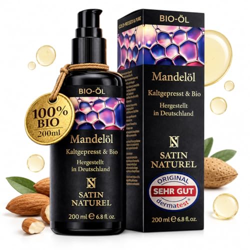 Satin Naturel Bio Mandelöl kaltgepresst 200 ml – 100% naturreines Süßmandelöl – Haaröl, Gesichtsöl, Körperöl & Babyöl – Pflege für Haut & Haare – Für trockene & empfindliche Haut