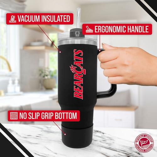 Image of Campus Colors College & University 40 oz Travel Tumbler With Handle - Dual Option Lid With Straw - Vacuum Insulated Stainless Steel (Cincinnati Bearcats - Black)