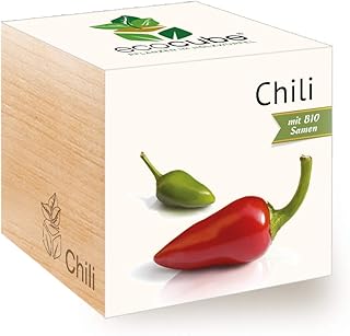 Feel Green 296237 Ecocube Chili, Bio Zertifiziert, Nachhaltige Geschenkidee (100% Eco Friendly), Grow Your Own/Anzuchtset, Pflanzen Im Holzwürfel, Made in Austria