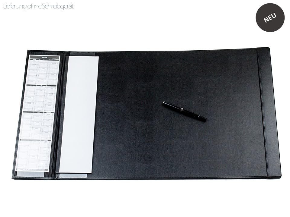 DELMON VARONE - Schreibtischunterlage mit Klappleiste inkl. Block & Kalender 2026/2027 Leder Schwarz - Rutschfeste Echtleder Schreibunterlage abwischbar - Design Schreibtisch Unterlage 65 x 45 cm