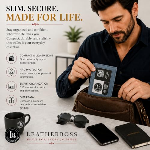 Image of LB LEATHERBOSS Slim Thin Leather Credit Card Triple ID Window Mini Wallet Bifold Driver License Safe (Gray)