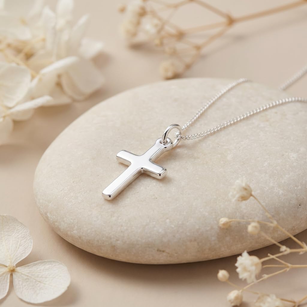 Collar con colgante en forma de cruz de plata de ley para niños, con cadena de 40,64 cm y estuche de regalo