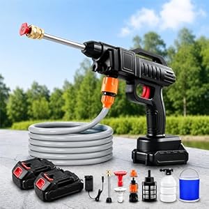 Victoam 21V 1500W Handheld Pressure Washer Kit, Cordless Pressure Washer with 5M Hose & 2 Nozzles, 2 Batteries, High Pressure Washers for Car Patio Garden Cleaning Watering (With Bucket)