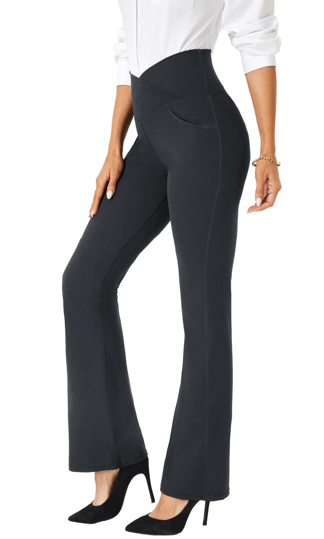 TOPYOGAS Womens Bootcut Crossover High Waisted Dress Pants Work Pants Business Office Casual Slacks with Pockets Dark Grey