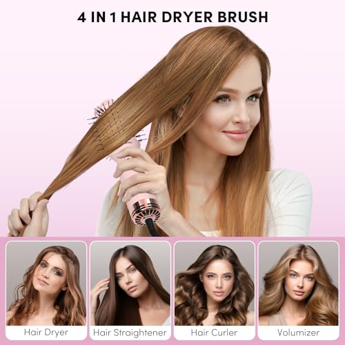 Image of Automatic Dual Voltage Travel Hair Dryer Brush Compact Mini Hot Air Brush with European Plug One Step Blow Dryer and Styler for Women, Oval Barrel 3 Heat & 2 Speed Settings