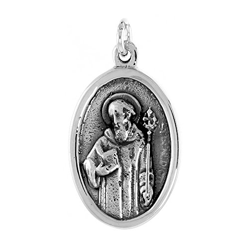 Sterling Silver Saint Benedict Medal Necklace Oxidized finish Oval 18