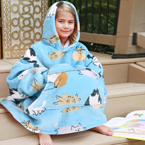 image for Catalonia Cat Print Blanket Hoodie for Kids, Oversized Wearable Sherpa