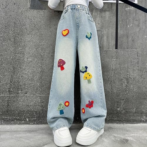 Girls Chic Embroidered Patch Wide Leg Jeans Vintage Washed Elastic High Waisted Loose Denim Pants with Pockets for 3-14 Years2