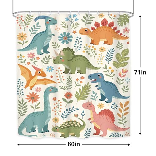 Image of Funny Dinosaur Kids Cute Green Plant Colorful Bathroom Shower Curtain Set | 60Wx71H Wildflowers Leaf Bathroom Curtain,Waterproof Polyester Fabric HD Print Bathroom Decor with 12 Hooks