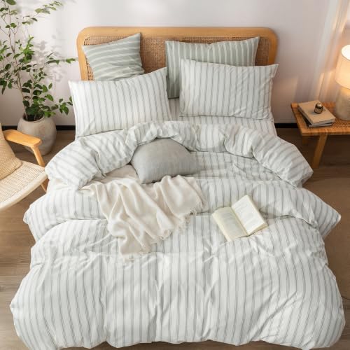Image of BESTOUCH Striped Cotton Duvet Cover Set Linen Feel Queen | 100% Washed Cotton, Soft Wrinkle Texture, Hidden Zipper, 8 Ties, Breathable Lightweight Durable Comfy, 3 Pcs No Insert