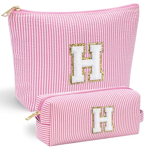 YOOLIFE Birthday Gifts for Girls - Personalized Initial Cute Pink Cosmetic Makeup Bag Pouch Make Up Bags Travel Toiletry Bag for Her Mom Girlfriend Wife Teacher 18th Birthday Gifts for Girls H
