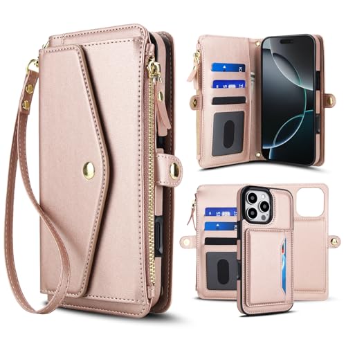 Coque amovible iPhone 15 Or Rose fini cuir avec dragonne et bandoulière chic