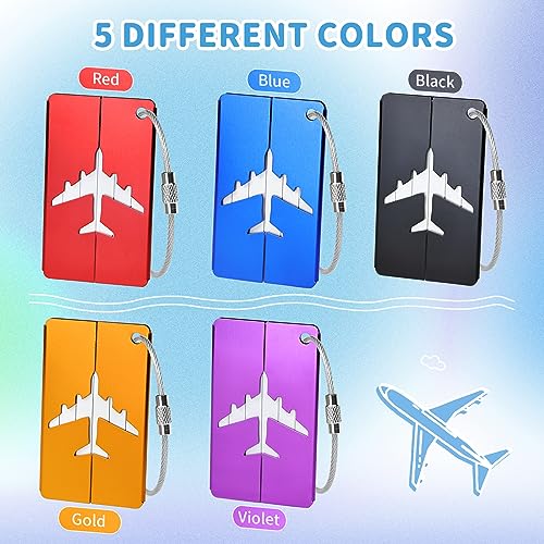 5 Stück Kofferanhänger mit Adressschild, Aluminium Adressanhänger Koffer mit Edelstahldrahtschlaufe und Wasserdichtem PVC Namensschild für Reisetaschen, Koffer, Rucksäcke (7,5 x 4,5 cm, 5 Farben)
