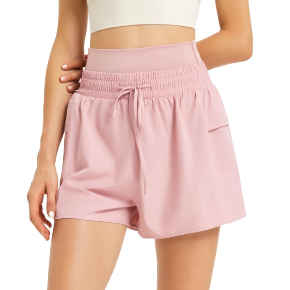 Pantalones cortos deportivos transpirables para correr 2 en 1 para mujer, pantalones cortos tejidos de secado rápido para gimnasio, pantalones cortos de Yoga de cintura alta con cordón para mujer