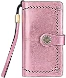 Lavemi Womens Large Capacity Genuine Leather RFID Blocking Wallets Wristlet Clutch Card Holder(Rose Gold)