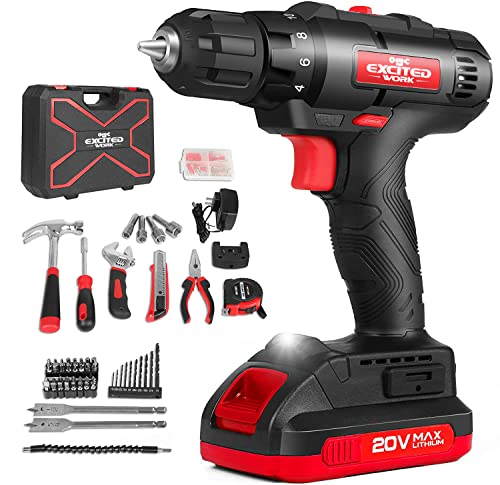 Excited Work 20V Max Cordless Power, LED Light, Max 310in.lbs. 18+1 PoisitionTorque Drill Driver Kit & Home Tool Kit for Drilling and Screwing