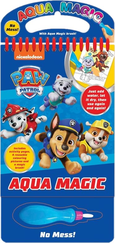 Paw Patrol Aqua Magic Colouring Book with Magic Water Brush – Reusable Mess-Free Colouring & Activity Book for Kids Aged 3-8 – 4 Reusable Pictures & 5 Activity Pages – Paw Patrol Gift- All Characters