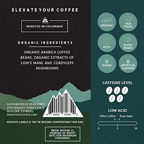 Peak State Coffee With Benefits - Mushroom Coffee Organic Coffee Beans - Brain Sustain Light Roast - Lion's Mane Coffee - Focus & Energy Support - Mold Free, Vegan, Paleo, Dairy & Gluten-Free (12 Oz Bag, Whole Bean - $1.13/Cup) #TOP4