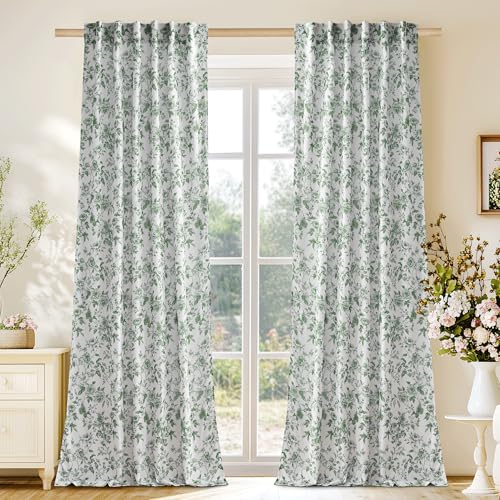 NICETOWN Floral Curtains for Dining Room, Sage Green Linen Blend Sheer Drapes with Organic Botanical Peony Print, Light Filtering Privacy & Nature-Inspired Modern Home Decor, W52 x L96 in, 2
