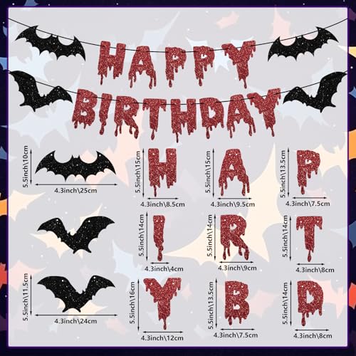 Image of Halloween Red Glitter Happy Birthday Banner Halloween Horror Zombie Birthday Banner Bloody Horror Movie Themed Birthday Photo Backdrop for Wall Home Mantle Office Wall Scary Party Supplies