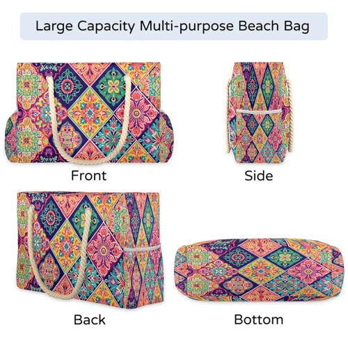cfpolar Mexican Talavera Floral 1 Beach Bag for Women Ladies Large Beach Pool Tote Bag Sandproof Beach Tote with Zipper Gym Tote Carry On Bag Reusable Grocery Shopping Bag for Weekender Travel Daily4