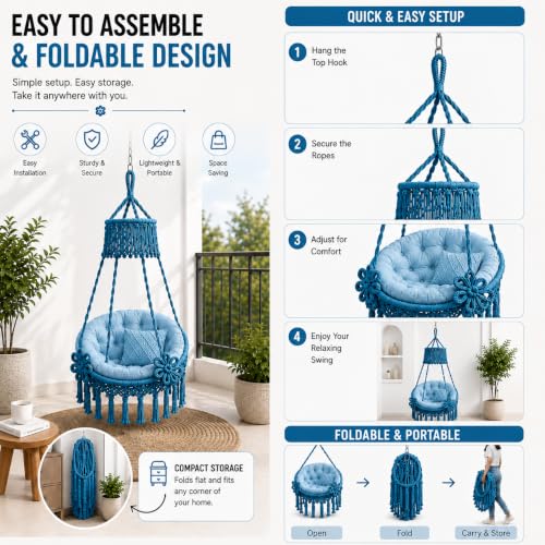 Image of Premium King Size Hammock Chair Swing with Cushion, 200kg Capacity | Indoor Outdoor Heavy Duty Adults & Kids Hanging Jhula for Home, Garden, Patio & Balcony | 1 Year Warranty (Sky Blue)