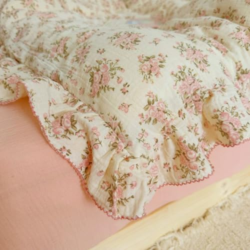 Image of BuLuTu Girls Toddler Kids Duvet Cover Pink Floral Chic Duvet Covers with Ruffles Muslin Cotton Soft Comforter Cover, 47 inchx59 inch, Soft Lightweight, Machine Wash, No Pillowcases /Comforter