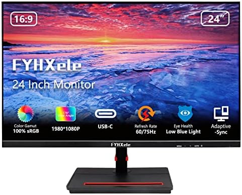 FYHXele FY24C Computer Monitor 24 Inch with USB-C, FHD 1080P IPS, 75Hz, Thin Bezel, Eye Care, Adaptive Sync, 15W Charging, 2xHDMI, VESA, and Built-in Speakers for Home Office Business, Black