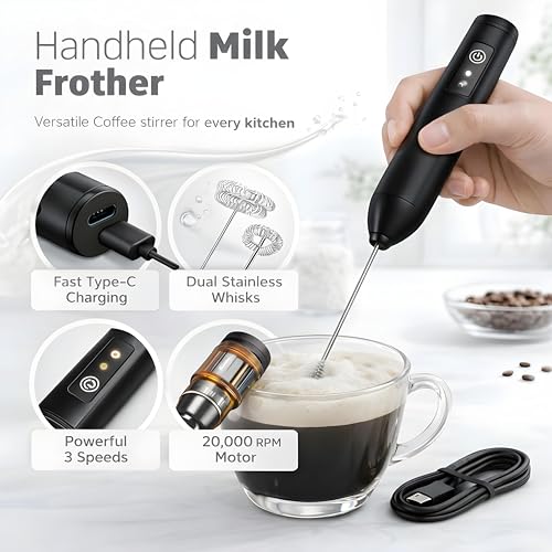 Image of Coffee Frother - Electric Rechargeable Coffee Maker Machine for Home Electric Coffee Frother Machine & Milk Whisker with Dual Spring | 1 Year Warranty | Free Recipe Book (Frother) (Black)