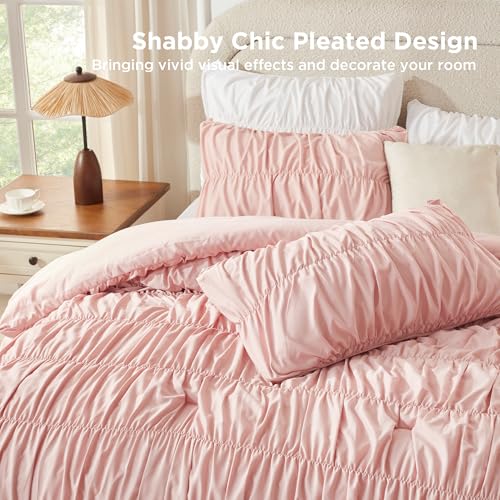 Image of Andency Ruched Blush Pink Full Size Comforter Sets, Shabby Chic Pleatd Bedding Sets 3 Pieces, Lightweight Soft Boho Ruffle Bed Set for Girls, Kids, Women, All Season