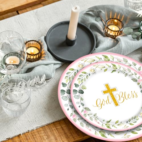 First Communion Decorations,Paper Plates and Napkins Set(Serves 25),Pink First Communion Decorations Mi Primera Comunion Party Decorations Included Plates,Napkins and Cups for Baptism Decorations — view 5