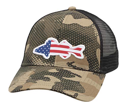 Simms USA Walleye Trucker Hat – Snapback w Red White & Blue Patch, Hex Flo Camo Timber