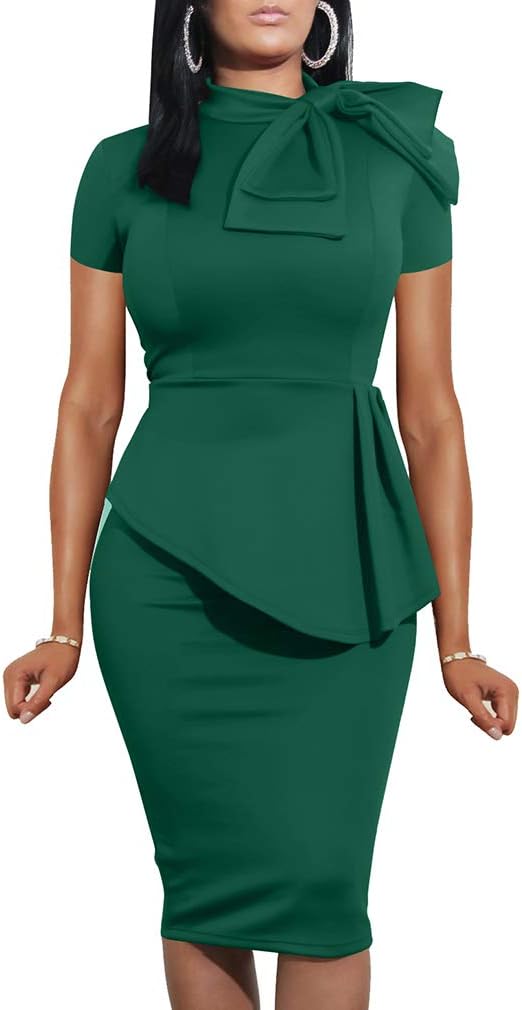 LAGSHIANWomen Fashion Peplum Bodycon Short Sleeve Bow Club Ruffle Pencil Party Dress