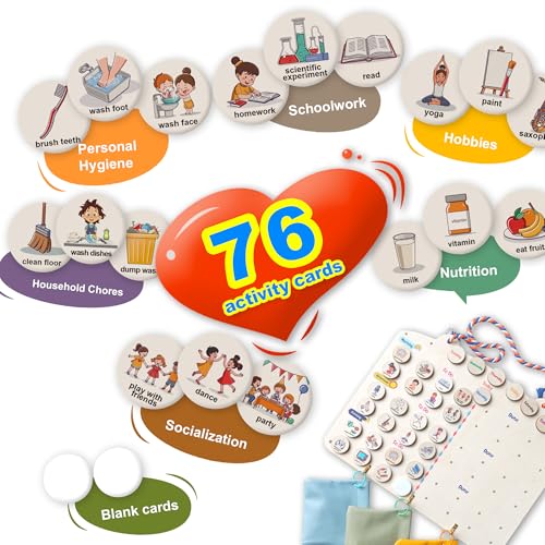 Wooden Magnetic Chore Chart for Kids Daily Routine&Task Board with 76 Activity Cards (Learning, Sports, Chores,Hobby) - Behavior Chart Visual Schedule for Home,&Autism,Morning Bedtime Routine - Thumbnail 4